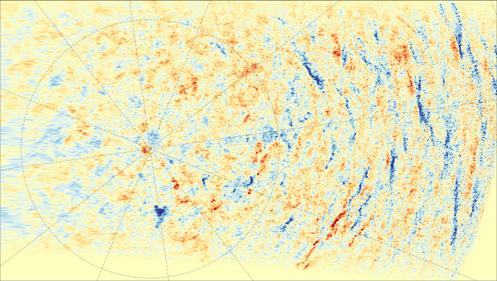 Puntos azules y rojos agrupados sobre un fondo amarillo pálido
