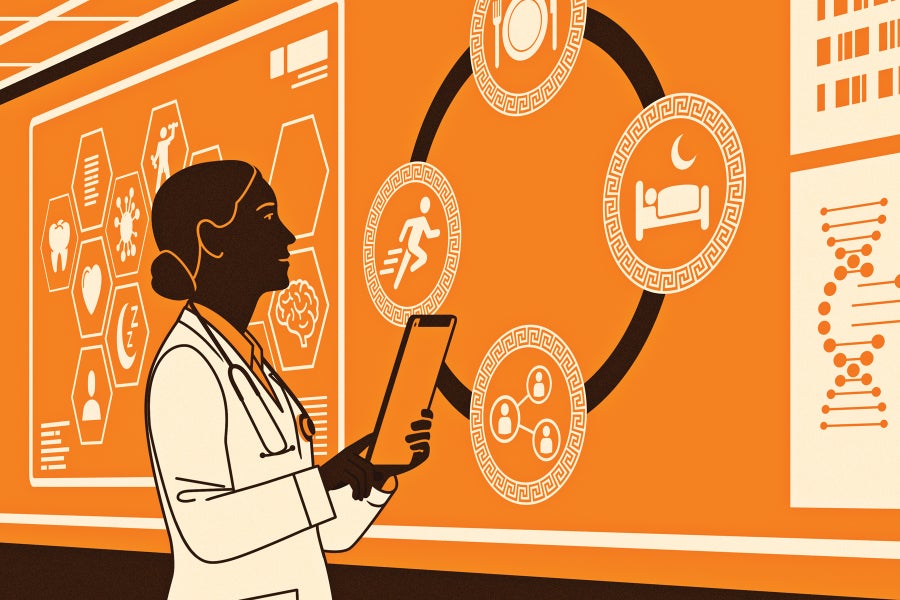 Computerized illustration of a doctor looking up at a chart