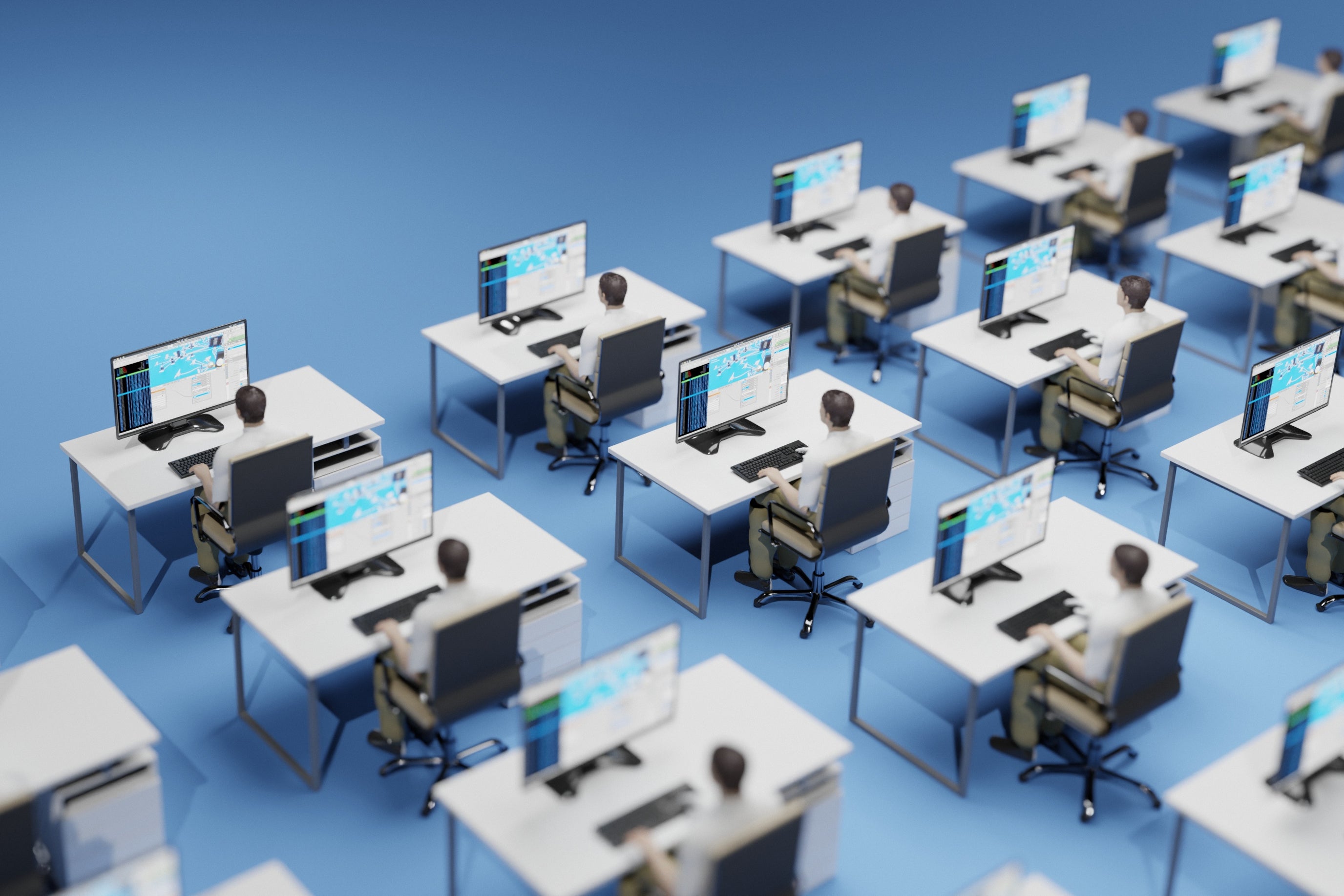 Digital 3D artist's illustration of office workers sitting at their identical desks in an isometric grid slightly from above