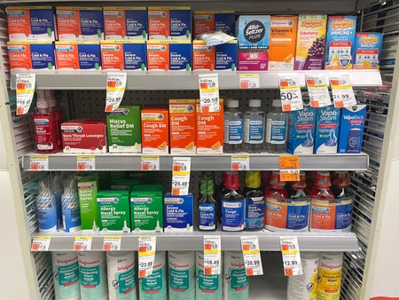 Cold and flu medications displayed at Walgreens