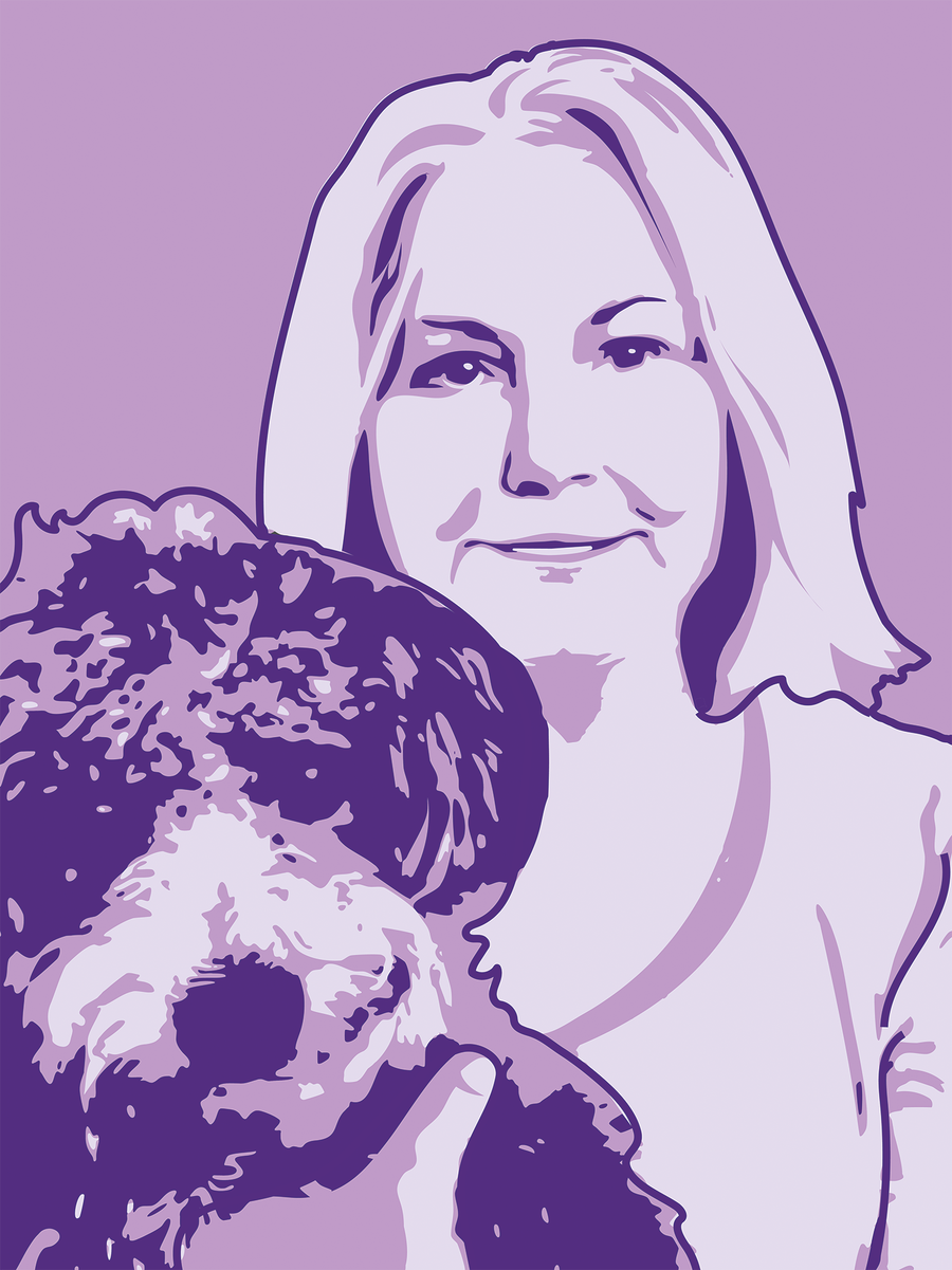 Anne with her dog, Ziggy, in a purple illustration
