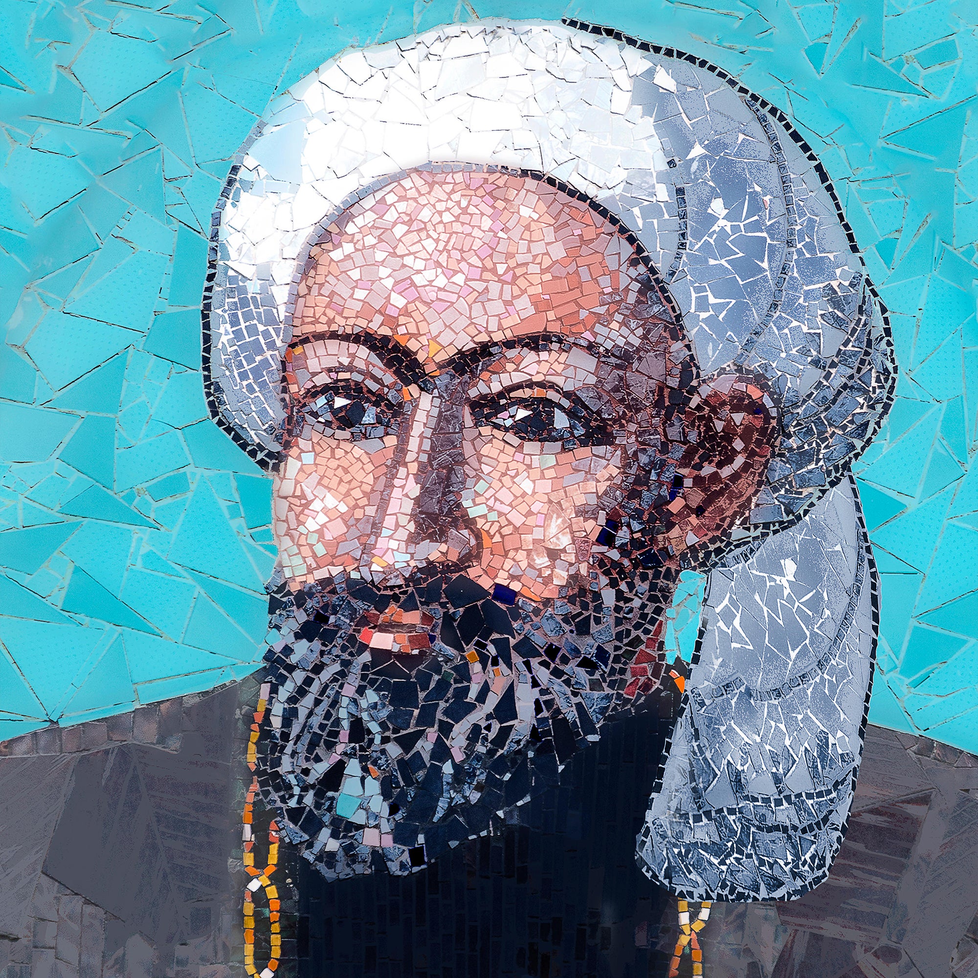 A mosaic tile portrait of Ibn Sina on a blue background