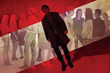 Illustration of a menacing faceless figure in crowd