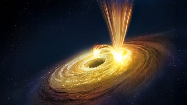 An illustration of the black hole within NGC 3783 shows a swirling “doughnut” of golden material known as an accretion disk: a ring of material that is circling the black hole and that will ultimately be devoured, pulled in closer and closer by the black hole’s colossal gravity