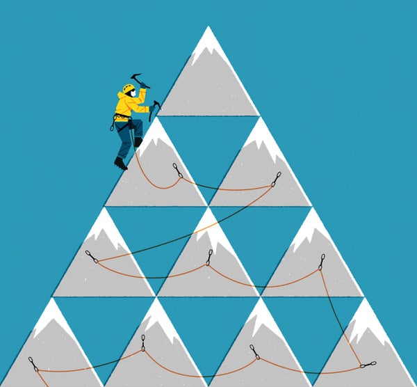 Illustration of a man climbing a mountain made of multiple triangles