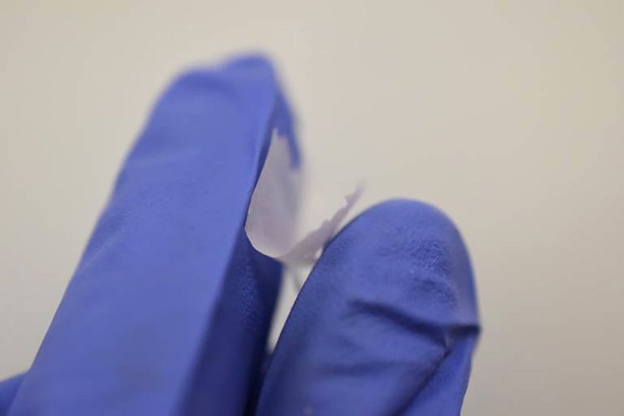 The nanofiber mat held between two fingers. The mat is very thin, resembling rice paper