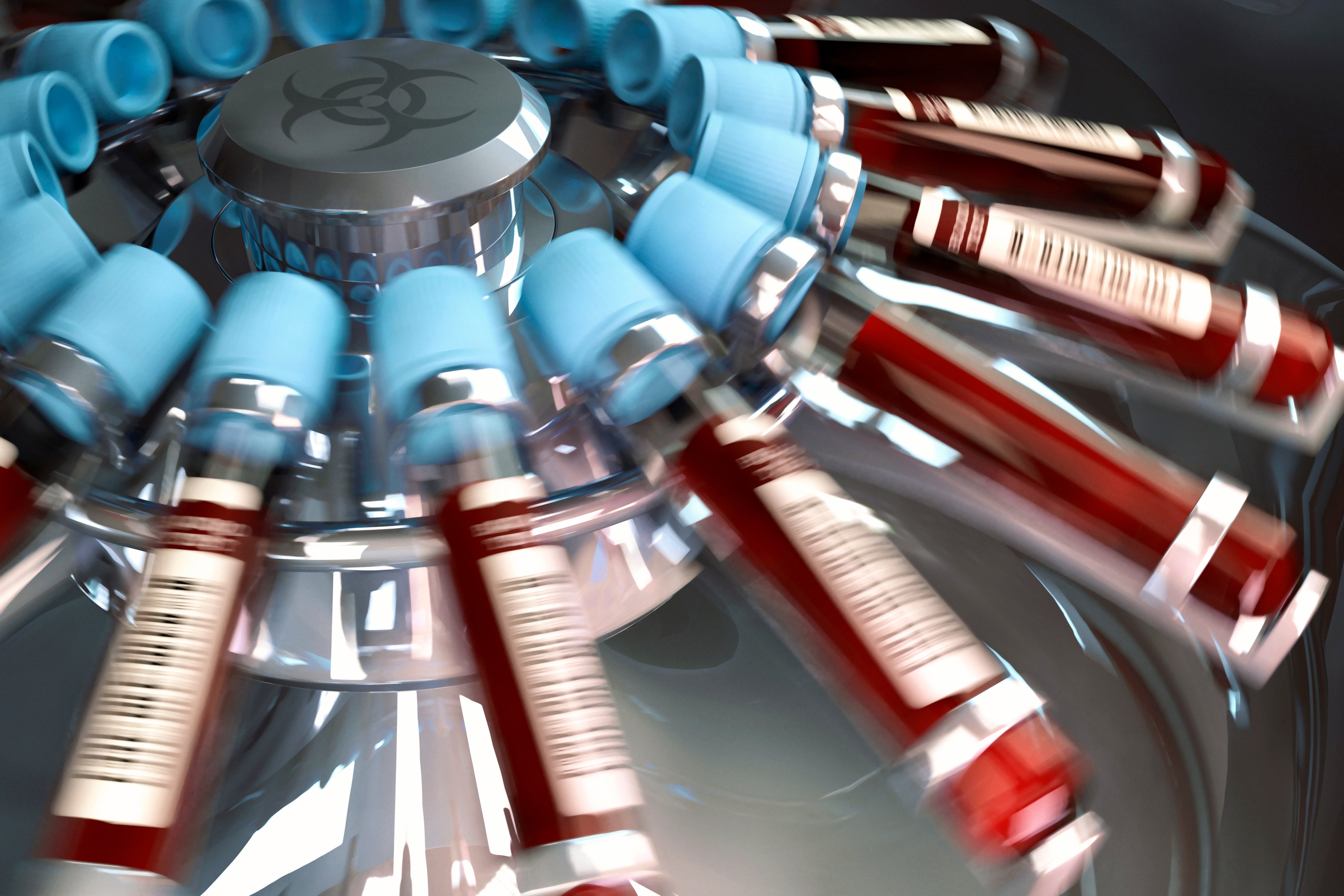 3D illustration of blood samples in vials on a centrifuge machine with motion blur from rotation