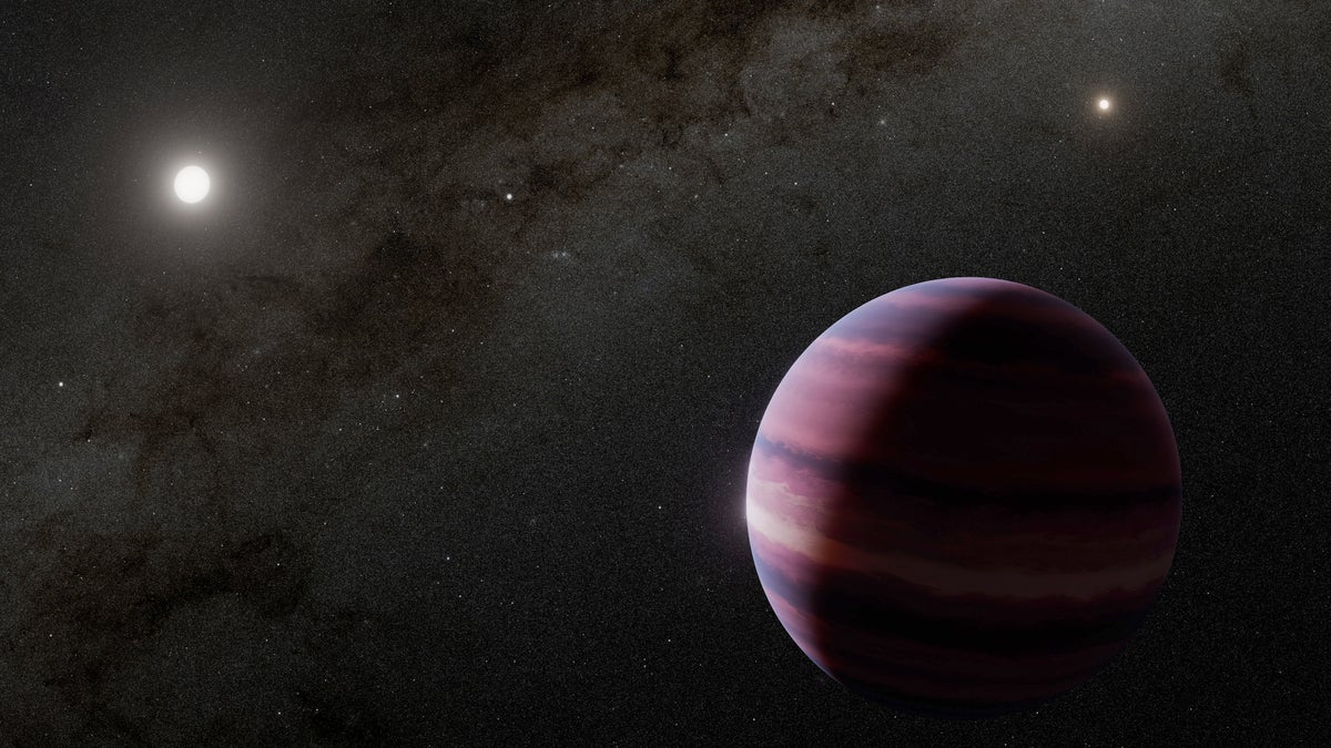 In this concept, Alpha Centauri A is depicted at the upper left of the planet, while the other Sun-like star in the system, Alpha Centauri B, is at the upper right. Our Sun is shown as a small dot of light between those two stars