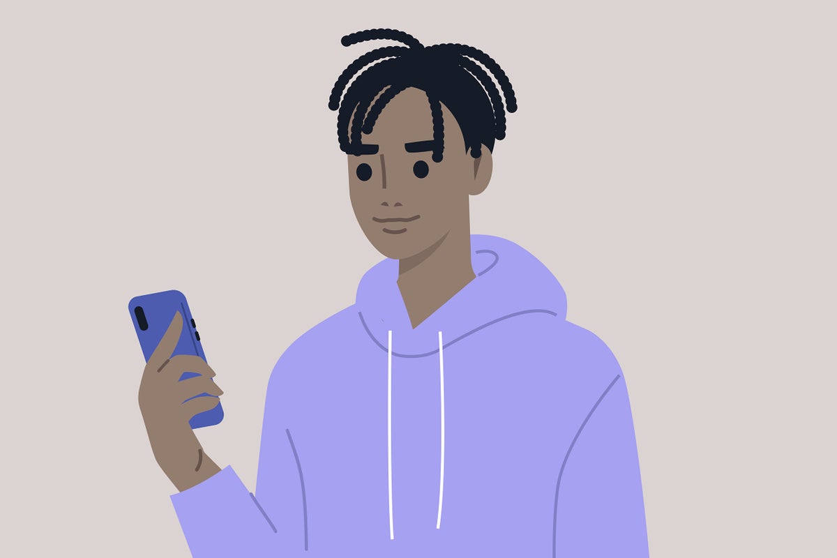 Illustration of a young male Black character using a mobile phone