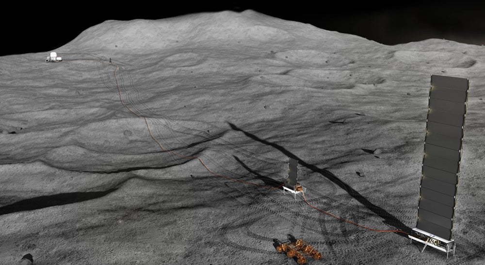 Una ilustración conceptual que muestra el proyecto de potencia de superficie de fisión de la NASA en la luna