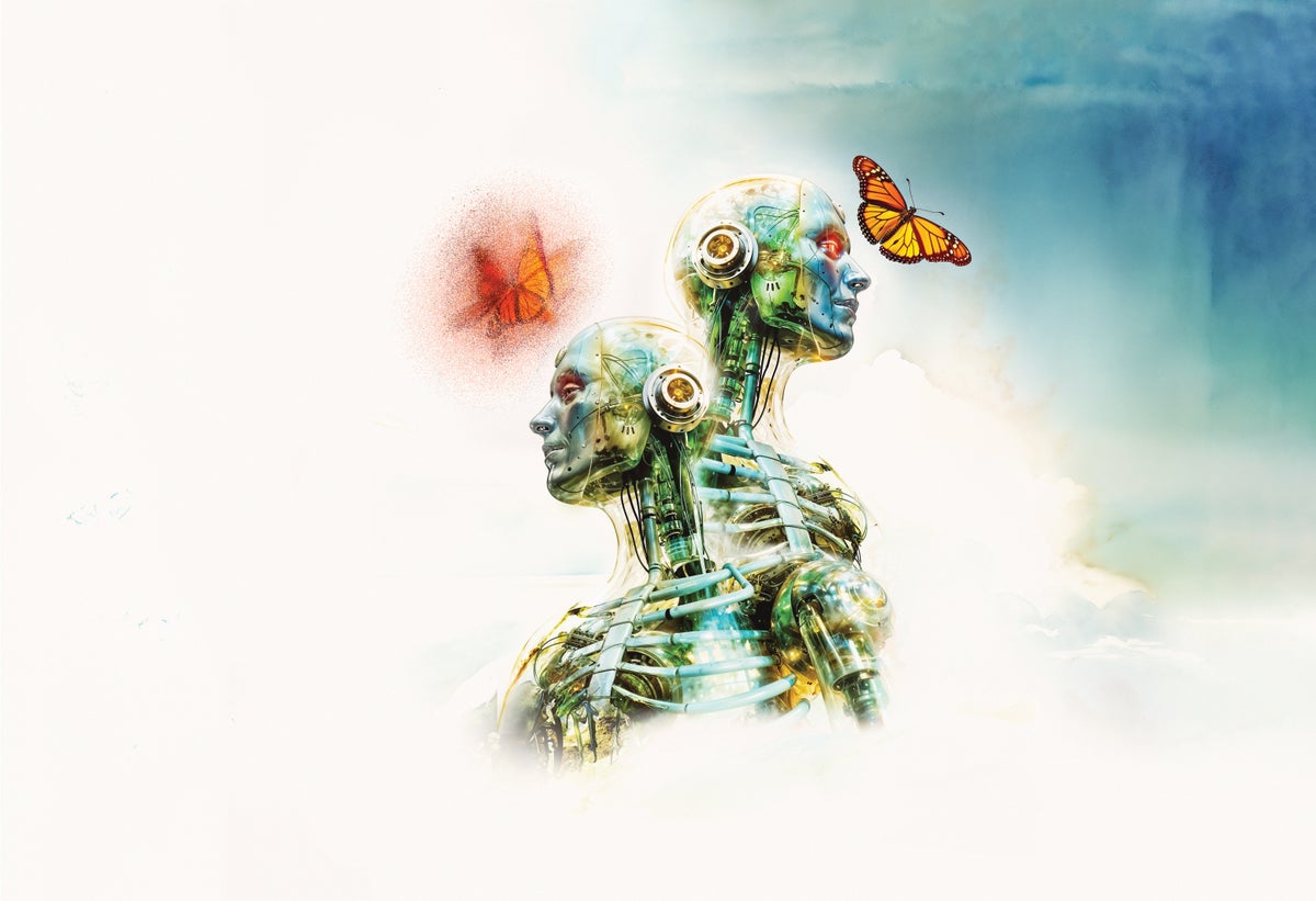 Illustration of two human bodies/skeletons resembling robots, with two butterflies flying near