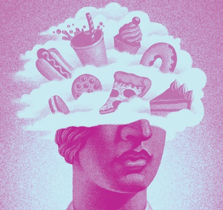 Pink illustration of a statue head, with its head in the clouds, thinking about various foods