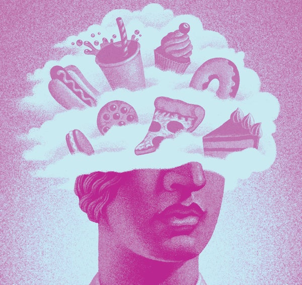 Pink illustration of a statue head, with its head in the clouds, thinking about various foods