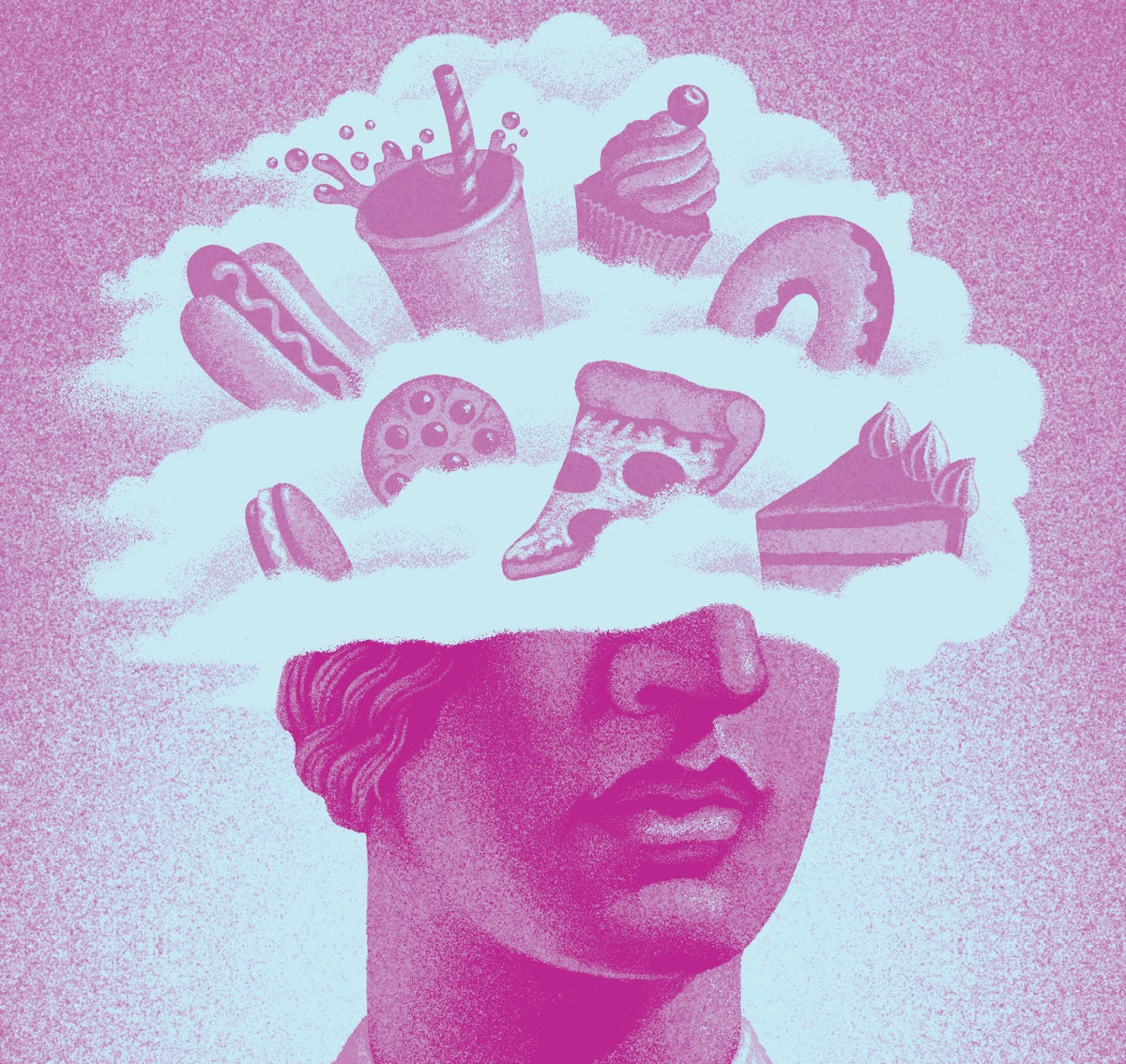 Pink illustration of a statue head, with its head in the clouds, thinking about various foods