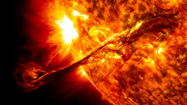 A giant prominence on the sun before it erupted captured by NASA's Solar Dynamics Observatory (SDO) on August 31, 2012