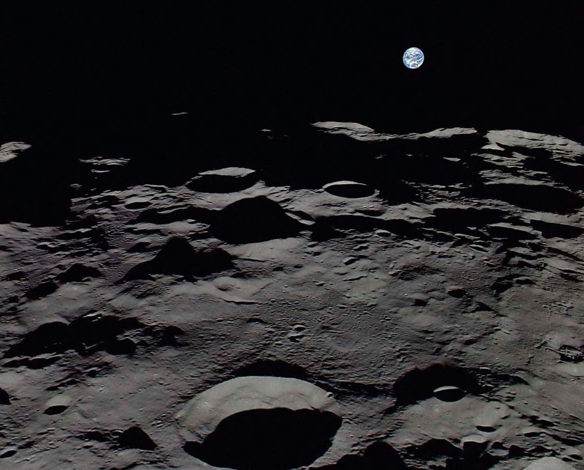 This is earthrise over the lunar south pole as recorded by a wide angle camera.