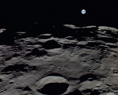This is earthrise over the lunar south pole as recorded by a wide angle camera.