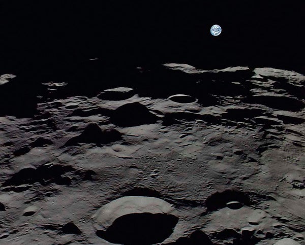 This is earthrise over the lunar south pole as recorded by a wide angle camera.
