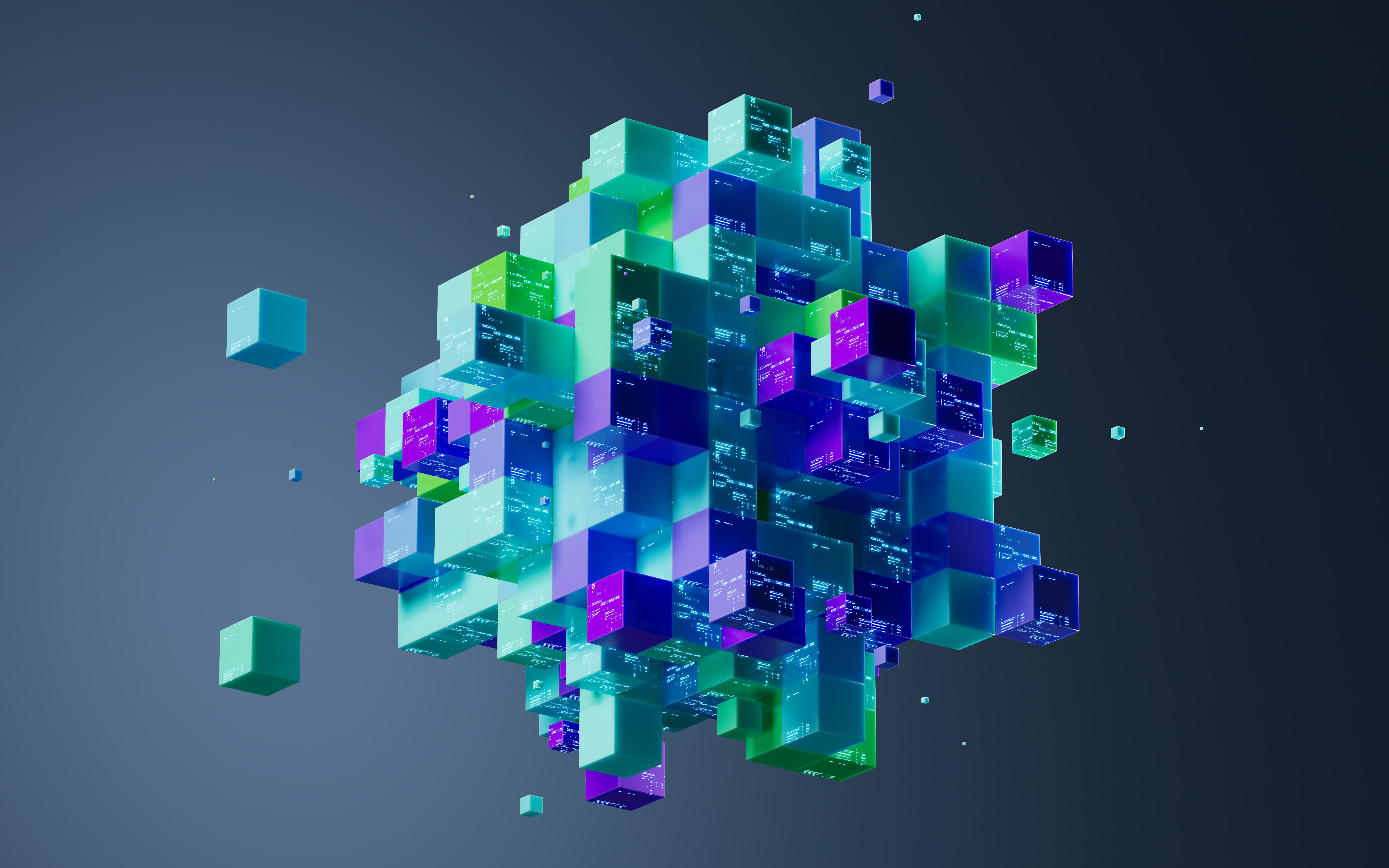 Green, blue and purple dismantled cubes reassembled floating on dark blue background.
