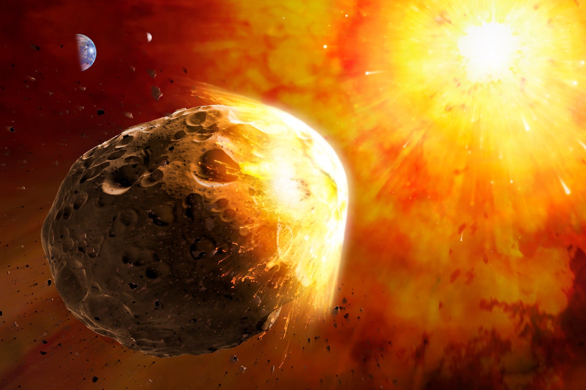 Illustration of a nuclear device being detonated in space in order to deflect an Earth-threatening asteroid.