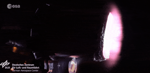 Animated gif, simulating the burn-up during atmospheric reentry of one of the bulkiest items aboard a typical satellite using a plasma wind tunnel.