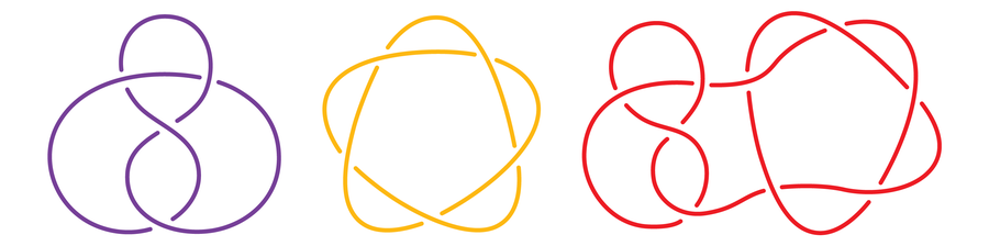 Graphic shows a figure-eight knot, a 5-1 knot and a knot made by joining the figure-eight and 5-1 knots together.