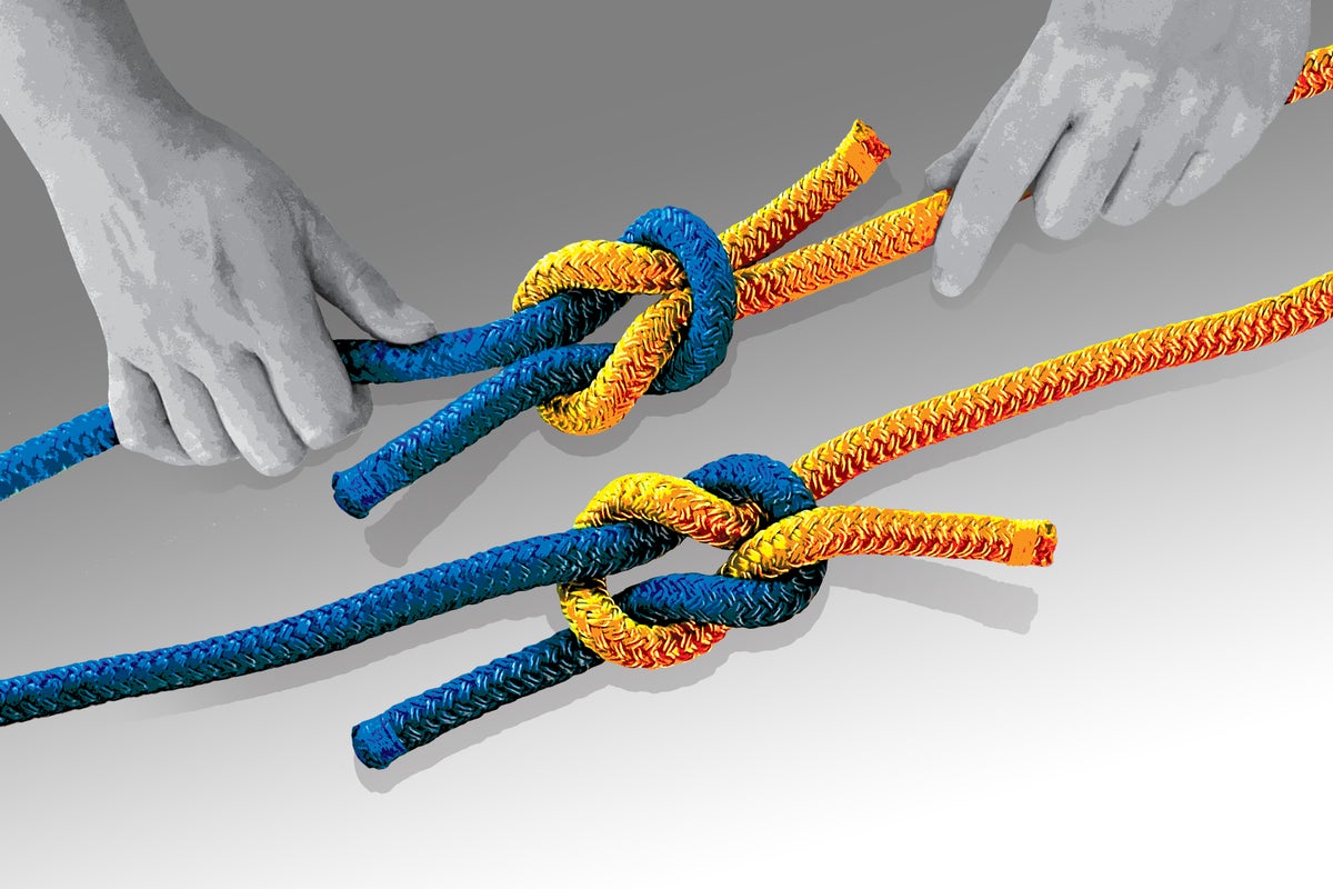 Two simple knots tied with two lengths of string each are shown, with hands pulling at the two longer ends of one of the knots.