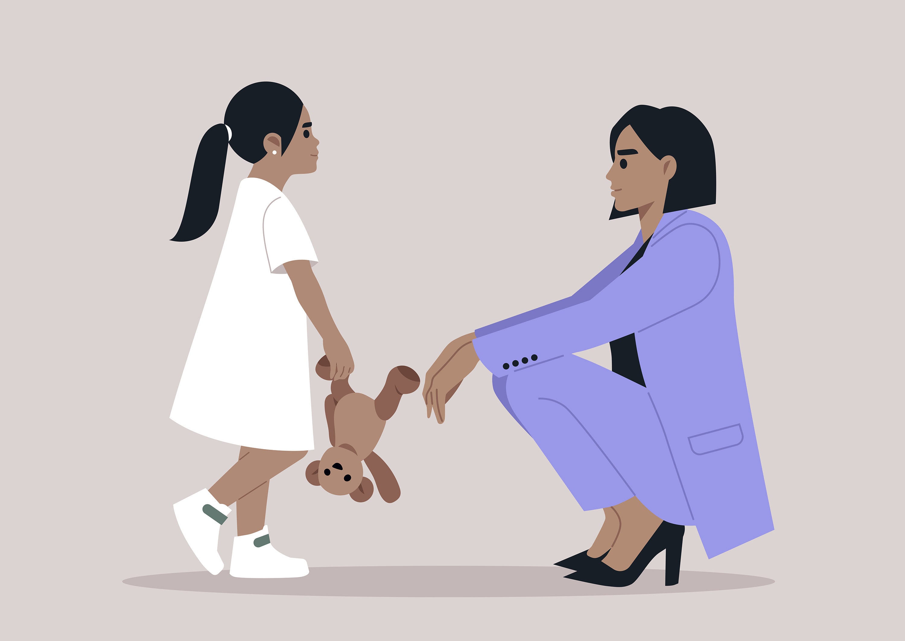 Illustration of young girl in white dress holding a teddy bear, and a business woman in lavender suit sharing a silent, tender connection between them