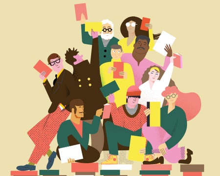 Illustration of numerous cartoon-like characters in a group, all holding books