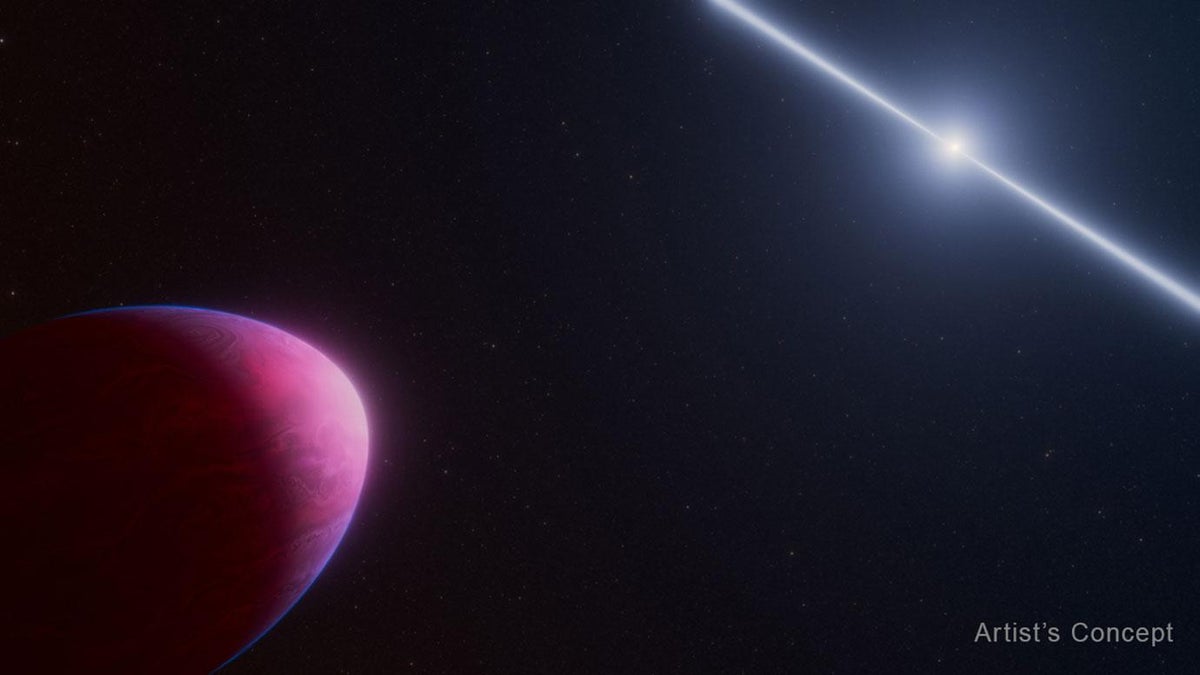 Illustration of a lemon-shaped exoplanet orbiting a pulsar