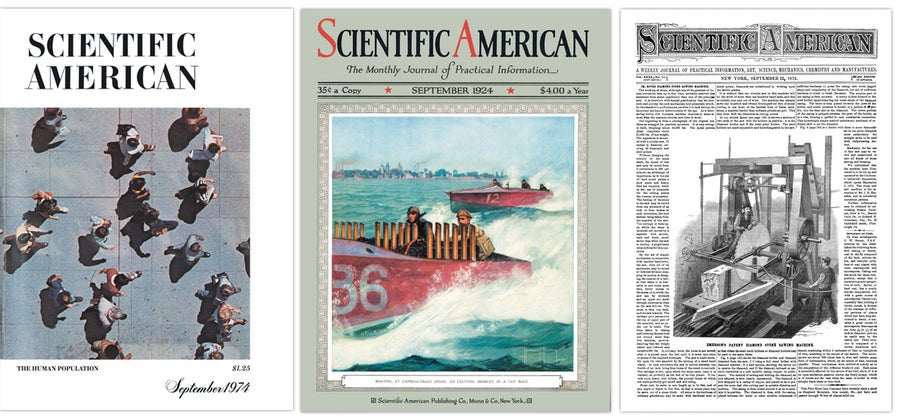 Three covers of Scientific American from September 1974, 1924, 1874