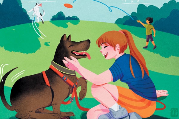 Ilustração de uma jovem menina com cabelos ruivos acariciando um cachorro marrom