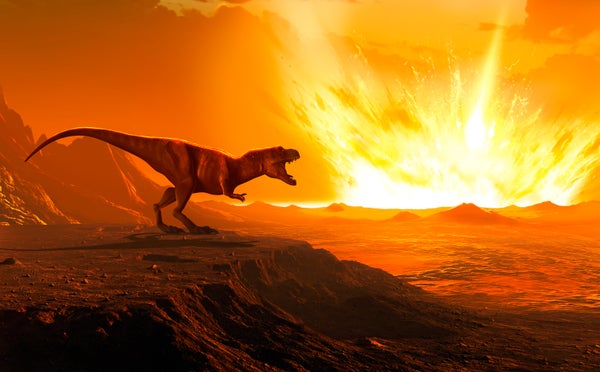 Illustration of a tyrannosaurus as an asteroid strikes the Earth creating the Chicxulub Crater