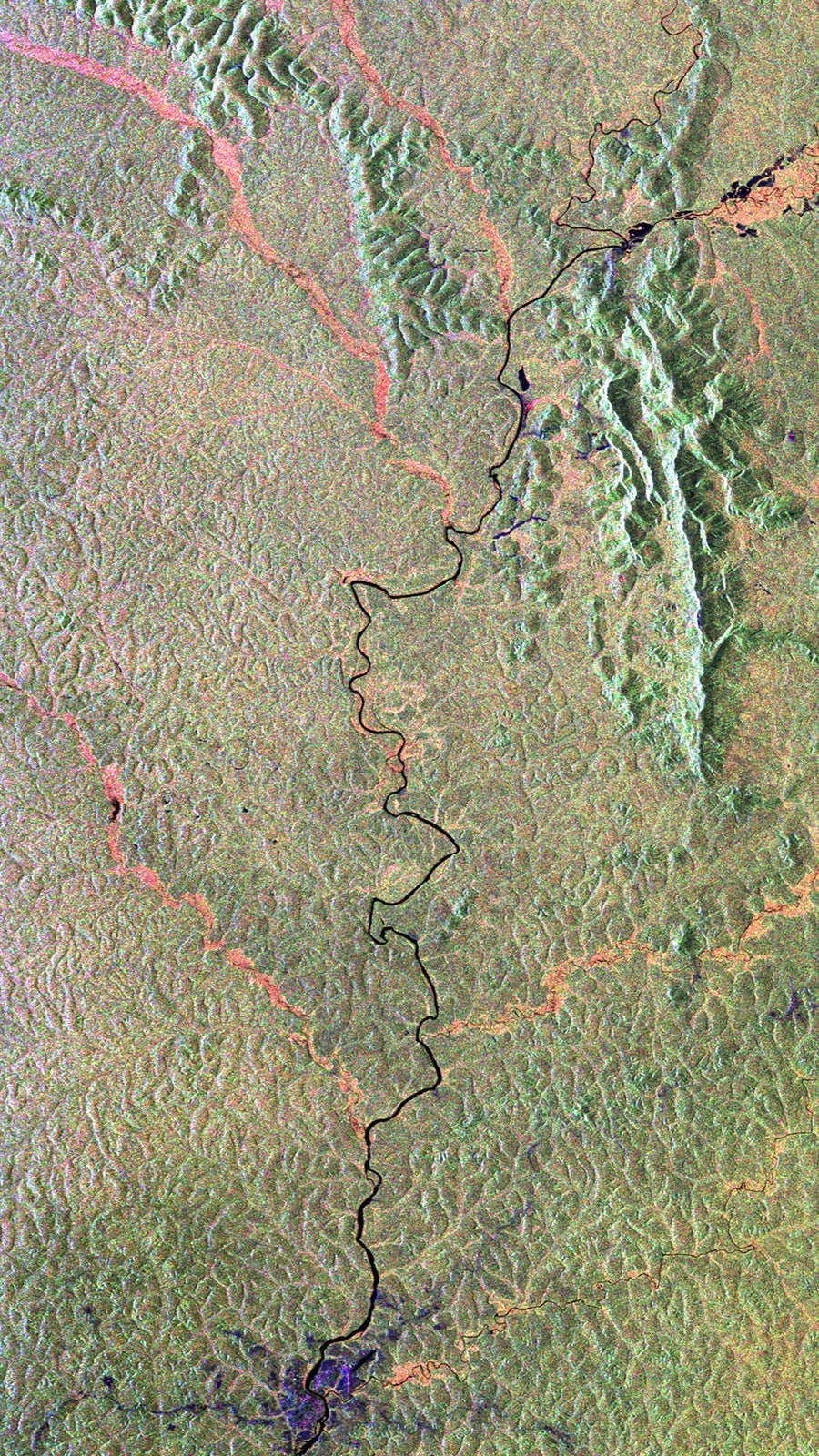 Biomass captured this image over Gabon in Africa. Surrounding the Ivindo River and its tributaries, the image is predominantly green, representing dense forest