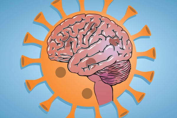 Brain inside corona virus illustration.