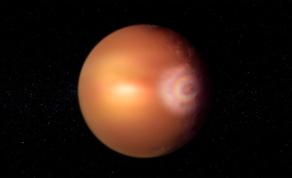 Artist impression of glory on exoplanet WASP-76b, a copper color 3d ball on black background.