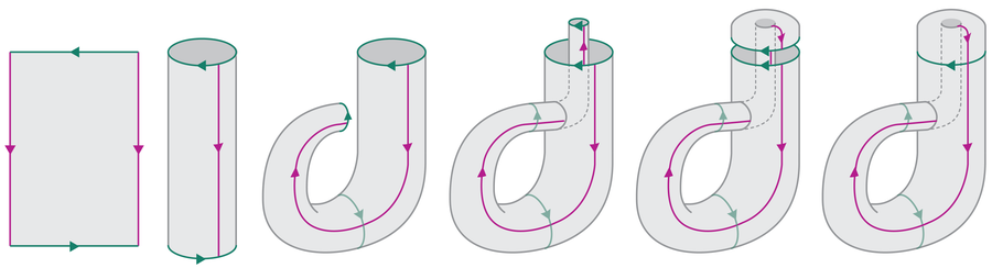 Graphic shows how a Klein bottle can theoretically be made from a sheet of paper rolled into a cylinder.