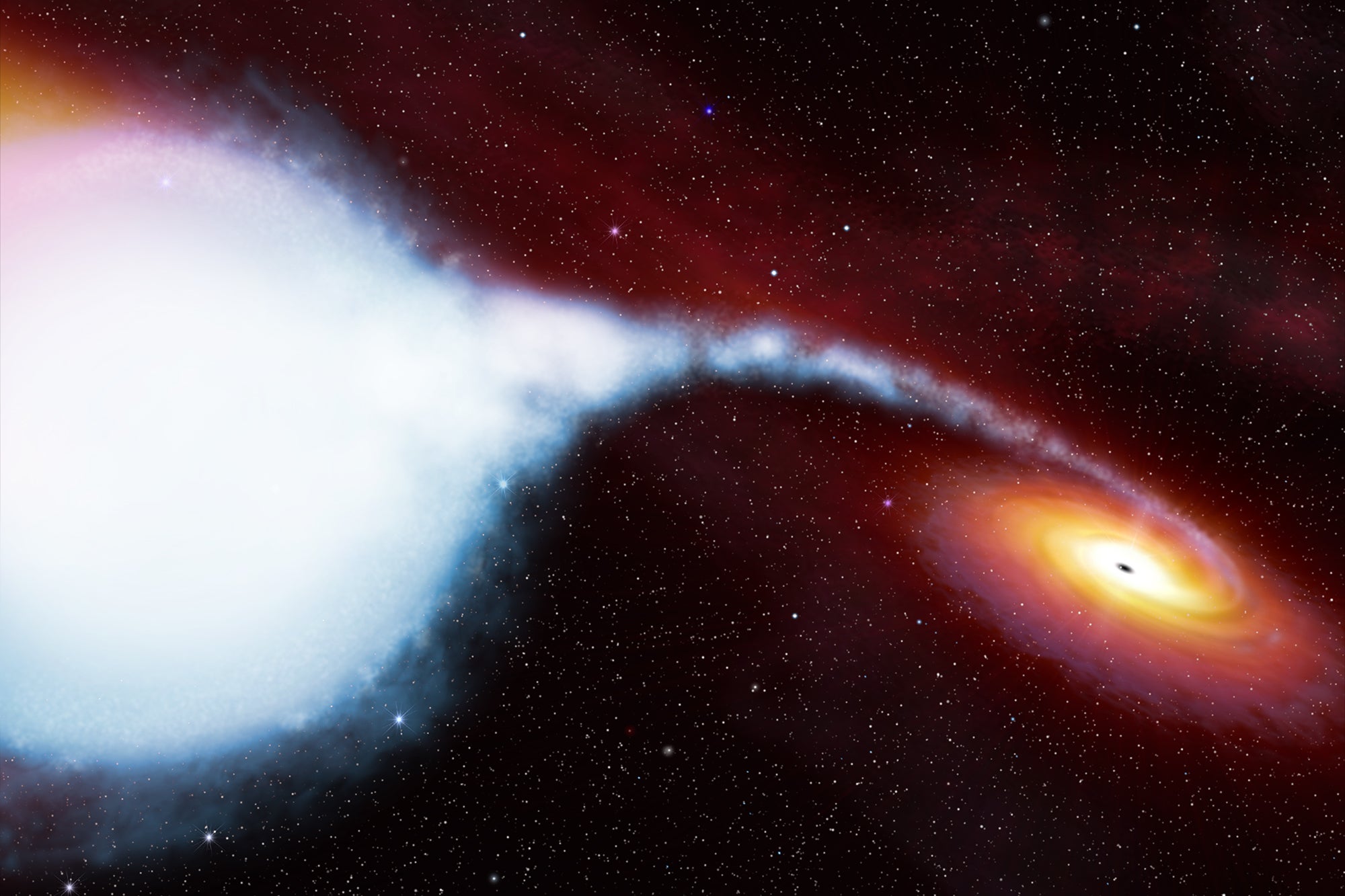Artist impression of the black hole Cygnus X-1 pulling matter away from its companion blue supergiant star, HDE 226868.