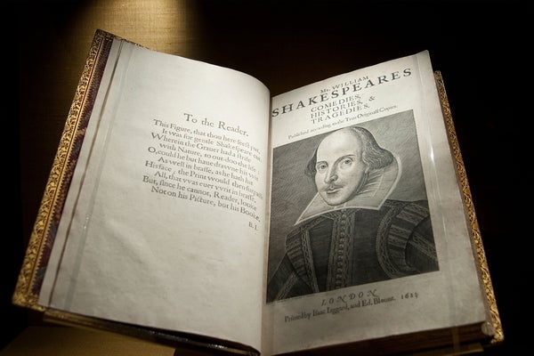Mr. Williams Shakespeare's Comedies, Histories, and Tragedies on display inside the Folger Shakespeare Library in Washington DC