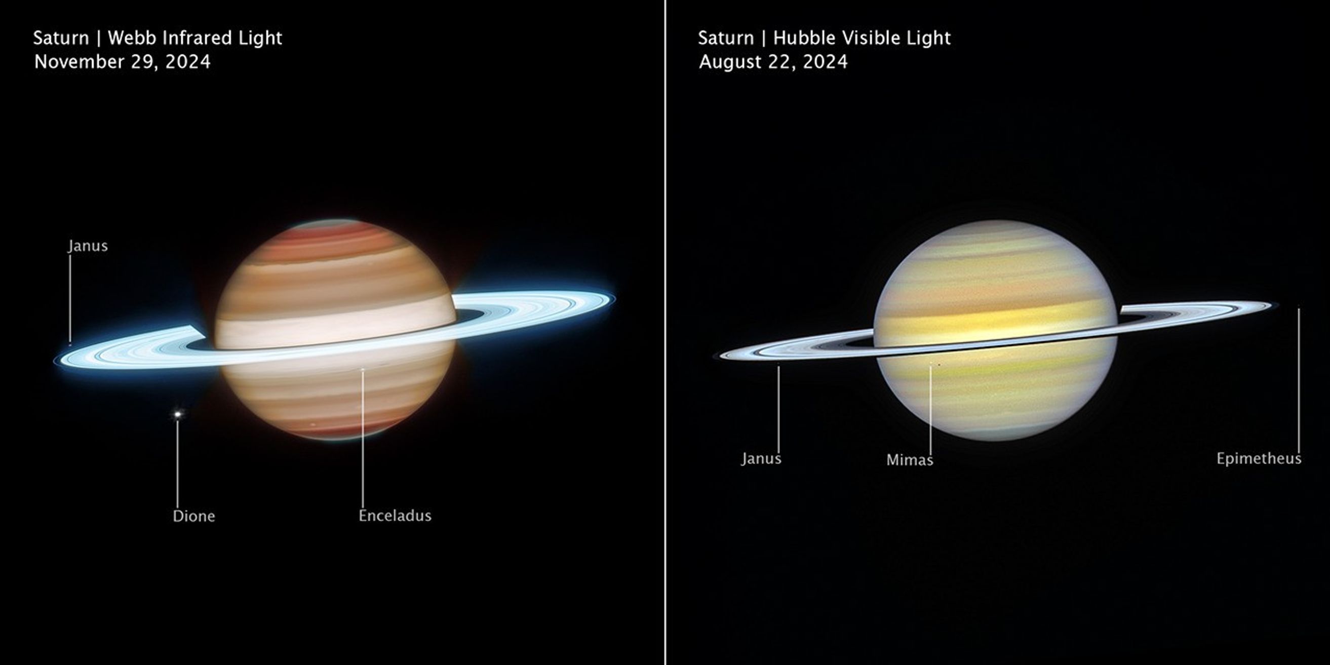 A view of Saturn from the Hubble Space Telescope highlights subtle cloud banding and color variations, while infrared vision from the James Webb Space Telescope probes different atmospheric layers, bringing out storms, waves, and glowing ring structures in striking detail.