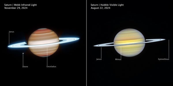 A view of Saturn from the Hubble Space Telescope highlights subtle cloud banding and color variations, while infrared vision from the James Webb Space Telescope probes different atmospheric layers, bringing out storms, waves, and glowing ring structures in striking detail.