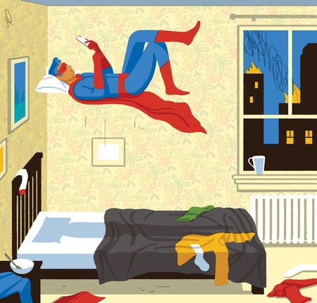 Illustration of a superhero looking at a smartphone, hovering above their bed, while a building is on fire outside the window