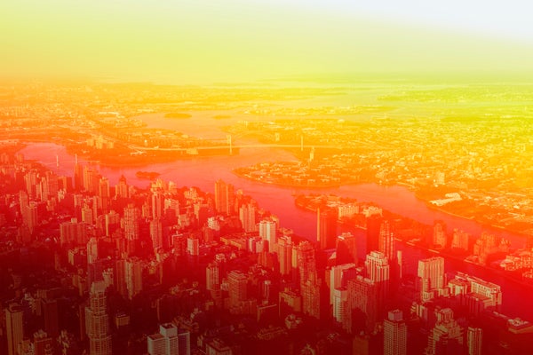 Aerial view of the East side of Manhattan with read and yellow color overlay for heat