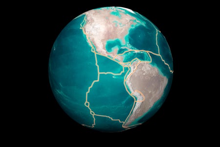 Illustration of a globe with lines outlining borders of tectonic plates. In the center of the image is the Nazca plate along the Pacific coast of South America