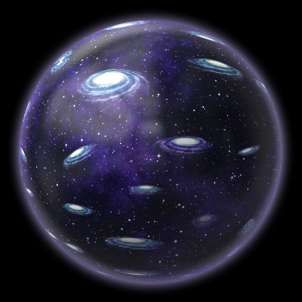 A large bubble filled with several scattered spiral galaxies and stars, against a black, voidlike background.