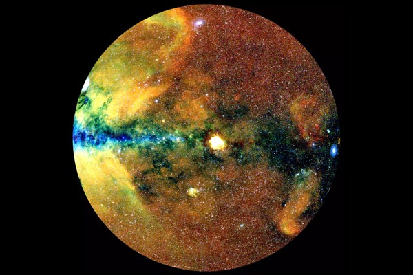 This image shows half of the x-ray sky projected onto a circle with the center of the Milky Way on the left and the galactic plane running horizontally.