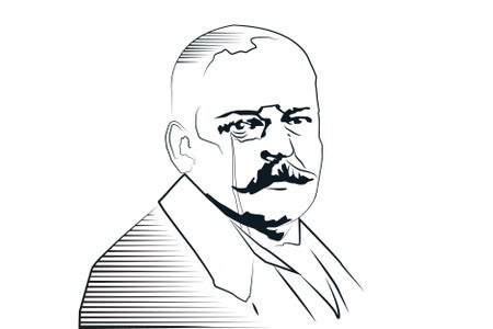 Black and white illustration of Alois Alzheimer, with a mustache and monocle.