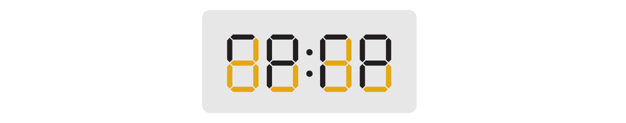 Graphic shows a digital clock display with some of the line segments making up each digit colored yellow to indicate they are broken.
