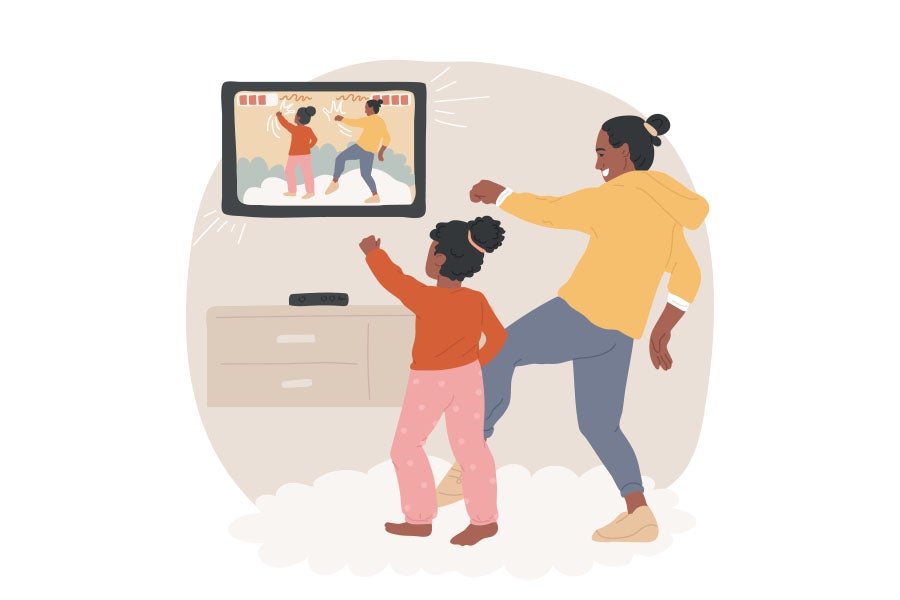 Illustration of a child and adult dancing in front of a TV