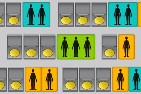 Rows of people and medal icons in groups of one, two or three.